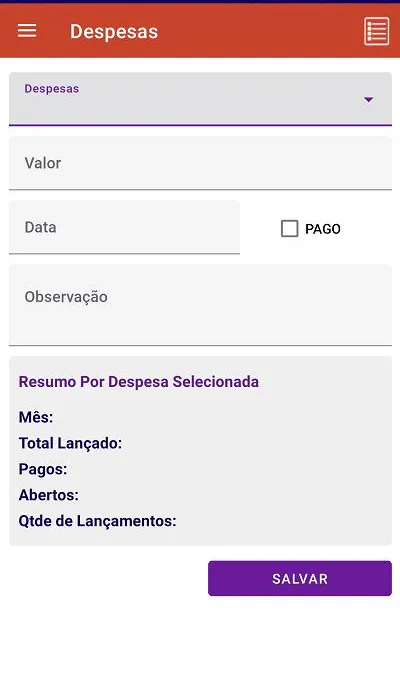 Despesas no App Kontrole, lançamento de uma despesa