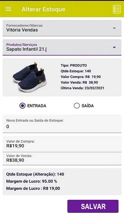 Estoque no App Kontrole, com a margem de lucro do produto