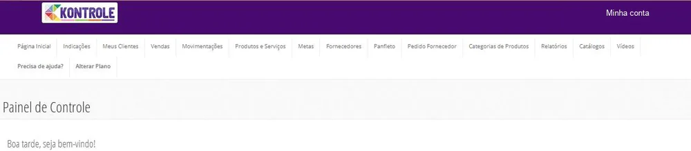 Topo do Painel Web do App Kontrole, com o menu completo: página inicial, indicações, meus clientes, vendas, movimentações, produtos e serviços, metas, fornecedores, panfleto, pedido fornecedor, categorias de produtos, relatórios, catálogos e vídeos