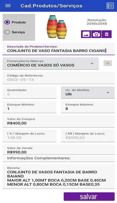 Cadastro no App Kontrole, tela de produto com imagem e margem