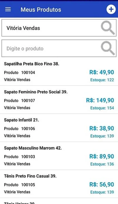 Cadastro no App Kontrole, lista de produtos com preço e estoque