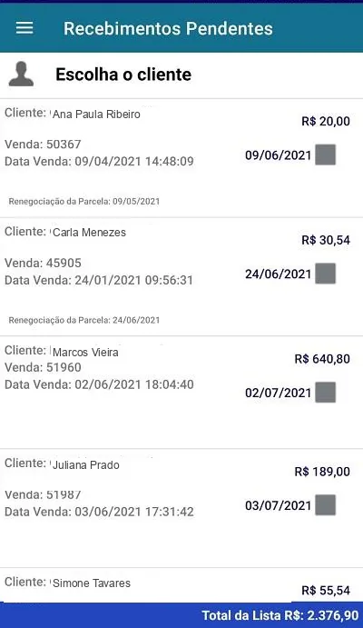 Tela de recebimentos pendentes do App Kontrole