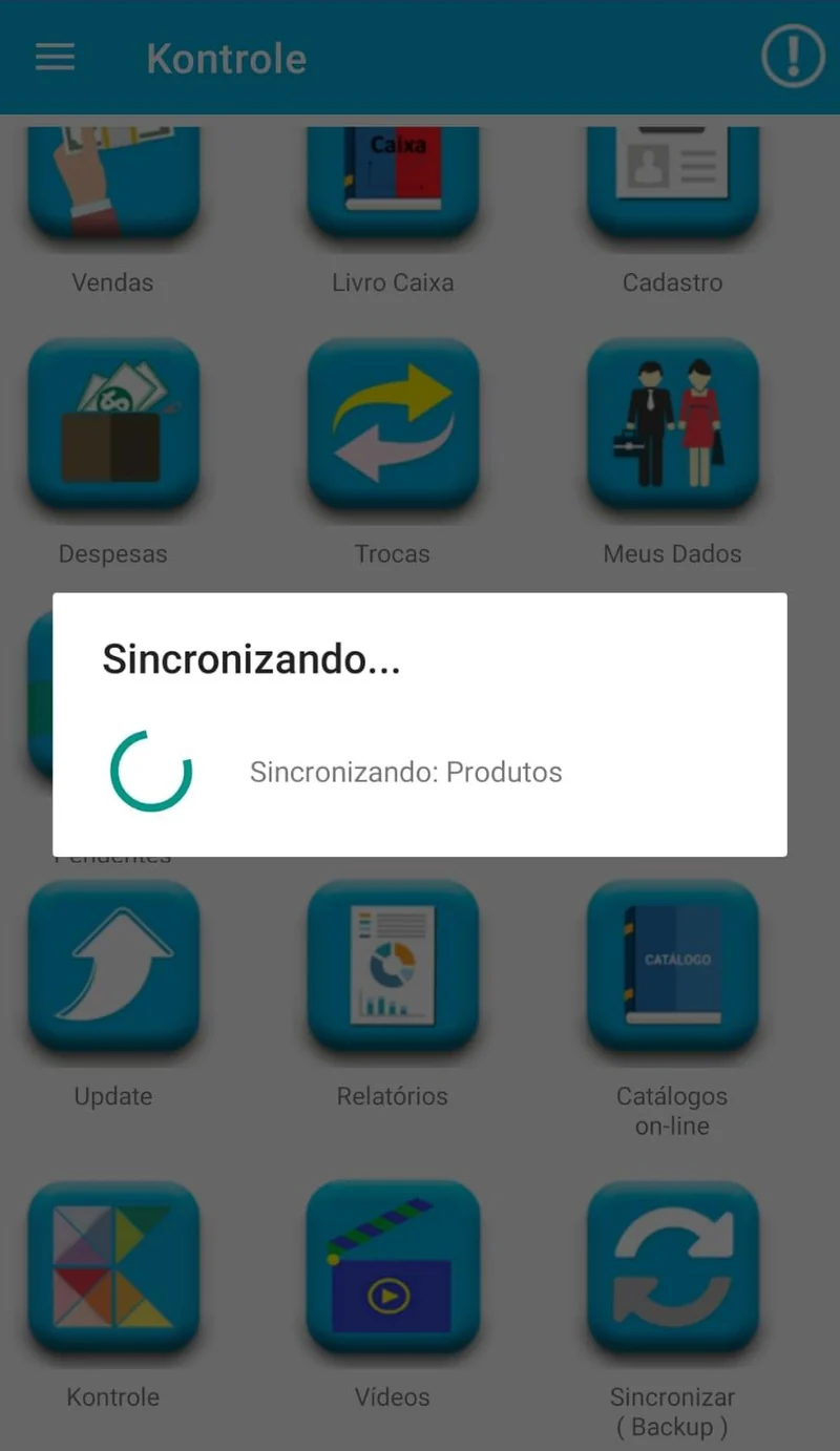 Tela do App Kontrole sincronizando os dados, acionada a partir da tela principal