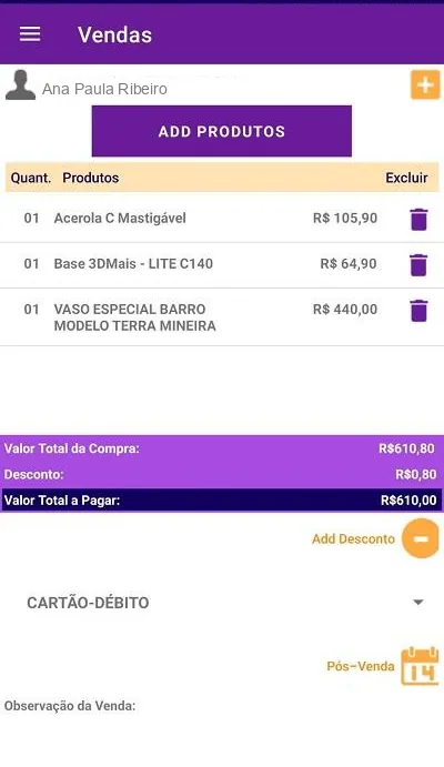 Vendas no App Kontrole, com carrinho, total e forma de pagamento